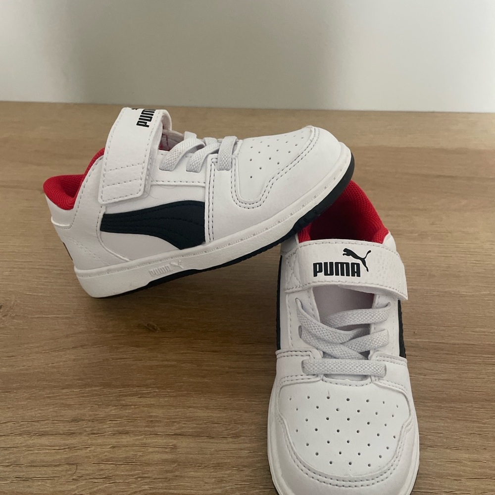 PUMA Kids White and Black Sneakers with Red Accents